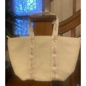 2023 Victoria Secret Ivory Fleece PINK Logo Strap Tote Large Bag